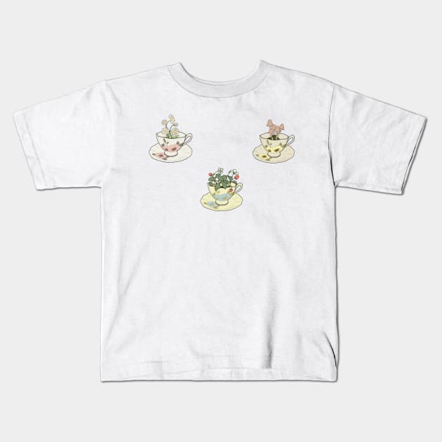 Spring Cottagecore Flower Tea Cups - cottagecore aesthetic Kids T-Shirt by JuneNostalgia